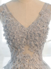 A Line V Neck Gray Floral Long Evening Prom Dress, V Neck Gray Long Floral Formal Bridesmaid Dress