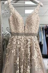 A Line V Neck Gray Lace Long Evening Prom Dress with Belt, Gray Lace Floral Formal Dress, Gray Lace Evening Dress