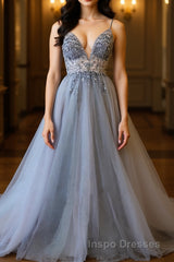 A Line V Neck Grey Beaded Long Evening Prom Dress with Split, Grey Beaded Formal Graduation Evening Dress