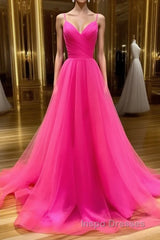 A Line V Neck Hot Pink Long Evening Prom Dress, V Neck Hot Pink Long Formal Evening Dress