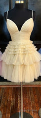 A-Line V-Neck Multi-Tiered Short Party Dress,Light Pink Cocktail Dress Short
