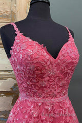 A Line V Neck Open Back Beaded Hot Pink Lace Long Evening Prom Dress, Hot Pink Lace Formal Graduation Evening Dress