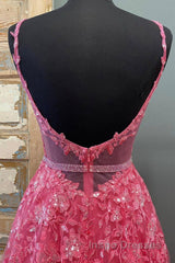 A Line V Neck Open Back Beaded Hot Pink Lace Long Evening Prom Dress, Hot Pink Lace Formal Graduation Evening Dress