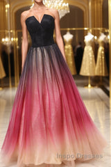 A Line V Neck Open Back Ombre Long Evening Prom Dress, Backless Ombre Formal Graduation Evening Dress