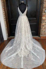 A Line V Neck Open Back White Lace Long Evening Prom Dress, V Neck White Lace Formal Dress, White Lace Evening Dress