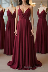 A Line V Neck Pleated Burgundy Long Evening Prom Dress, V Neck Burgundy Long Evening Dress, Burgundy Graduation Dress, Formal Dress
