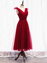 A Line V Neck Red Tea Length Evening Prom Dress with Corset Back, Red Tea Length Formal Graduation Dress