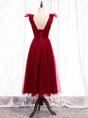 A Line V Neck Red Tea Length Evening Prom Dress with Corset Back, Red Tea Length Formal Graduation Dress