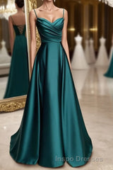 A-line Sweetheart Spaghetti Straps Satin Long Evening Prom Dress with Pleated
