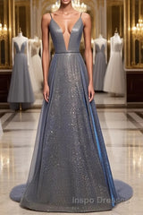 A Line V Neck Silver Gray Long Evening Prom Dress, Gray Long Formal Evening Dress