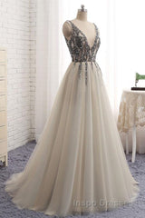 A Line V Neck Silver Gray Long Evening Prom Dress, Silver Grey Beaded Long Formal Evening Dress