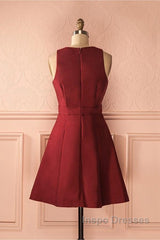 A-Line V-Neck Sleeveless Lace-Up Short Burgundy Satin Homecoming Dress