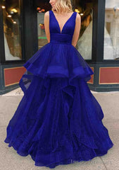 A-line V Neck Sleeveless Long/Floor-Length Tulle Glitter Prom Dresses With Pleated