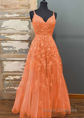 A-line V Neck Spaghetti Straps Long/Floor-Length Tulle Evening Prom Dress With Beading Lace Pockets Sequins