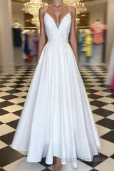 A Line V Neck Spaghetti Straps White Evening Prom Dress, V Neck White Formal Graduation Evening Dress