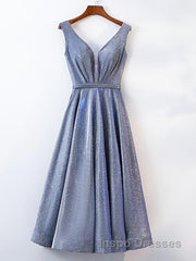 A Line V Neck Tea Length Evening Prom Dress, Shiny Tea Length Formal Evening Dress