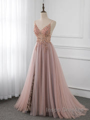 A-Line V Neck Tulle Beading Pink Long Evening Prom Dress. Pink Formal Dress
