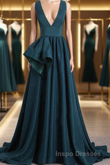 A Line V Neck V Back Green Satin Long Evening Prom Dress, Long Green Formal Evening Dress