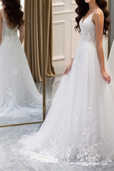 A Line V Neck White Lace Long Evening Prom Dress, White Lace Wedding Dress, White Formal Evening Dress