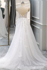 A Line V Neck White Lace Long Evening Prom Dress, White Lace Wedding Dress, White Formal Evening Dress