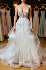 A Line V Neck White Lace Long Evening Prom Dress, White Lace Wedding Dress, White Formal Evening Dress