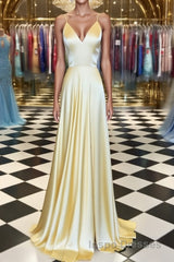 A Line V Neck Yellow Long Evening Prom Dress, Yellow Long Backless Formal Evening Dress