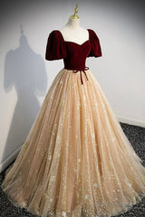A-Line Velvet Tulle Long Prom Dress, Lovely Short Sleeve Graduation Dress