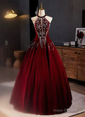 A-Line Wine Red Velvet Beaded Party Dress, Wine Red Long Prom Dress