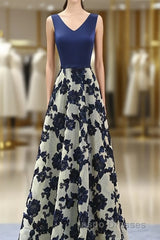 Stylish Dark Blue A Line V Neck Long Evening Prom Dress, Dark Blue Evening Prom Dress