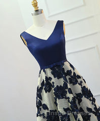 Stylish Dark Blue A Line V Neck Long Evening Prom Dress, Dark Blue Evening Prom Dress