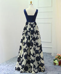 Stylish Dark Blue A Line V Neck Long Evening Prom Dress, Dark Blue Evening Prom Dress