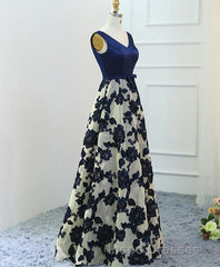 Stylish Dark Blue A Line V Neck Long Evening Prom Dress, Dark Blue Evening Prom Dress