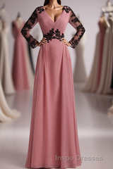Dusty Pink Chiffon Long Sleeve Mother of the Bride Dress with Appliques
