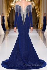 Deep V-neck Shiny Royal Blue Long sleeves Mermaid Evening Prom Dress
