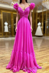 Lace-Up Fuchsia V-Neck Ruffle Pleated Long Evening Prom Dress