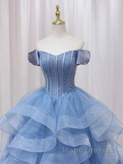 Adult Dress A-Line Blue Sheer Long Ball Dress Blue Sweet Dress Off Shoulder Evening Prom Dress