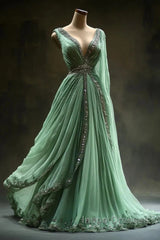 Aesthetic A-Line V Neckline Green Tulle  Long Evening Prom Dress Sweet Beaded Evening Dress