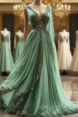 Aesthetic A-Line V Neckline Green Tulle  Long Evening Prom Dress Sweet Beaded Evening Dress