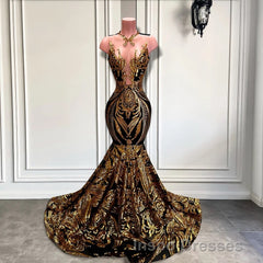 Long Sleeveless Mermaid Evening Prom Dress with Gold Sequins