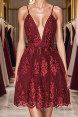 Aline v neck tulle lace short burgundy Evening Prom Dress, backless burgundy homecoming Dress