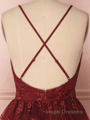 Aline v neck tulle lace short burgundy Evening Prom Dress, backless burgundy homecoming Dress