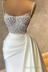 Amazing Long Mermaid Strapless Sequins Pearls Satin Formal Evening Prom Dress