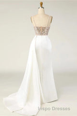 Amazing Long Mermaid Strapless Sequins Pearls Satin Formal Evening Prom Dress