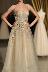 Ankle Length Tulle Straps Evening Prom Dress with Flowers, A Line Party Gown