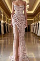 Pink Sheath Sequin Evening Prom Dress Elegant Dress Formal Evening Prom Floor Length Sleeveless Strapless Masquerade Dress