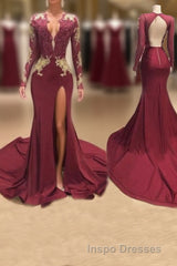 Awesome V-neck Long Sleeve High Slit Mermaid Evening Prom Dress