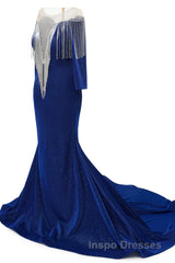 Deep V-neck Shiny Royal Blue Long sleeves Mermaid Evening Prom Dress