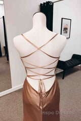 Backless Champagne Long Evening Prom Dress with High Slit, Long Champagne Formal Graduation Evening Dress
