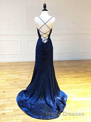 Backless Dark Navy Blue Long Evening Prom Dress, Dark Navy Blue Formal Graduation Evening Dress