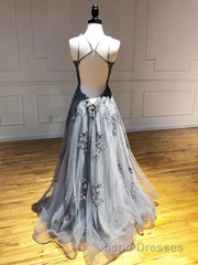 Backless Gray Lace Evening Prom Dress, Backless Gray Lace Formal Evening Graduation Dress